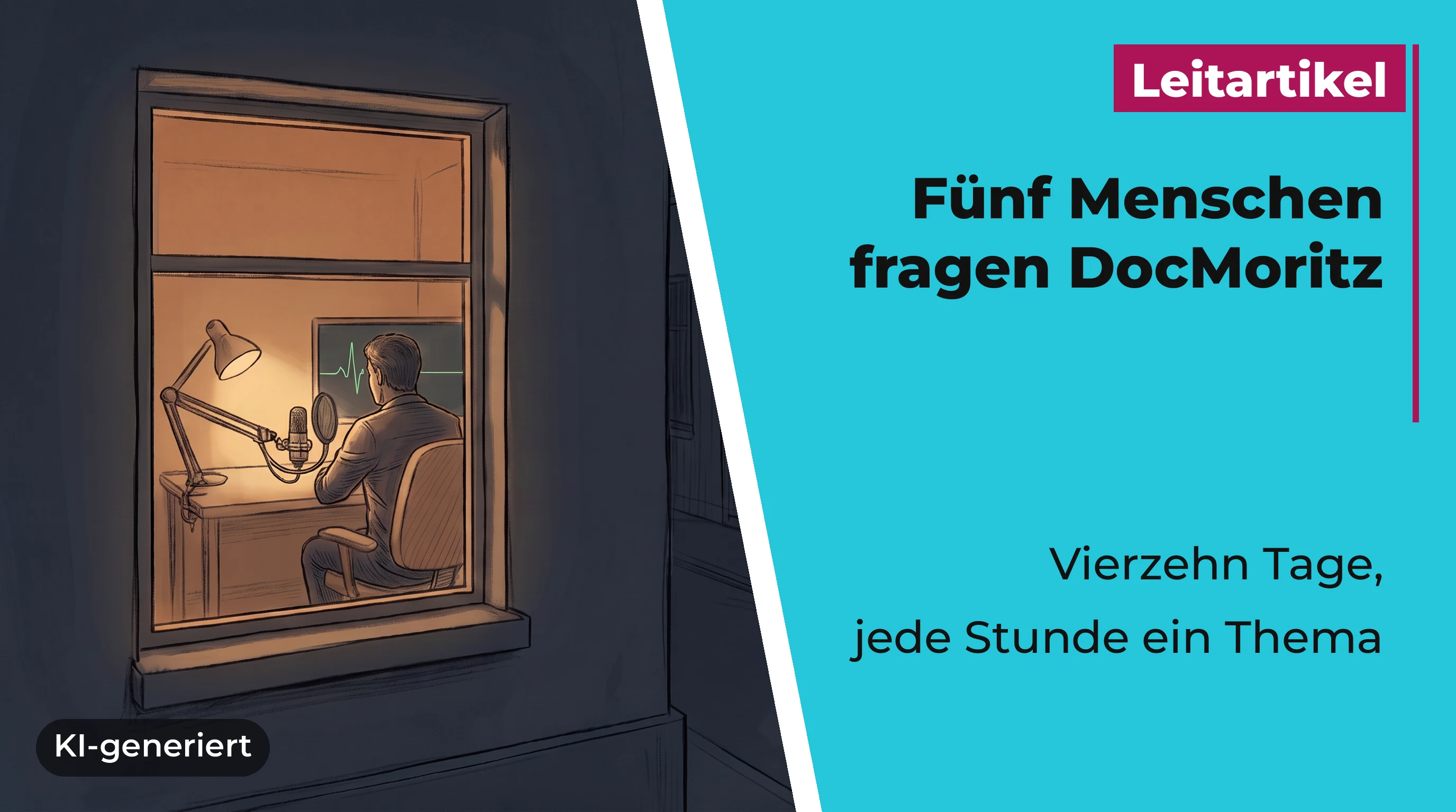 Gezeichnete Nachtszene: Zwei erleuchtete Fenster in dunklen Hausfassaden an einer schmalen Gasse. Links sitzt ein Mann mit kurzem Haar von hinten an einem Schreibtisch mit Lampe und Mikrofon vor einem Bildschirm, auf dem eine grüne Herzlinie mit einem einzigen Schlag läuft. Rechts, deutlich kleiner, sitzt eine Frau mit Kopfhörern und langem Haar von hinten vor einem Laptop und hält einen Zettel.