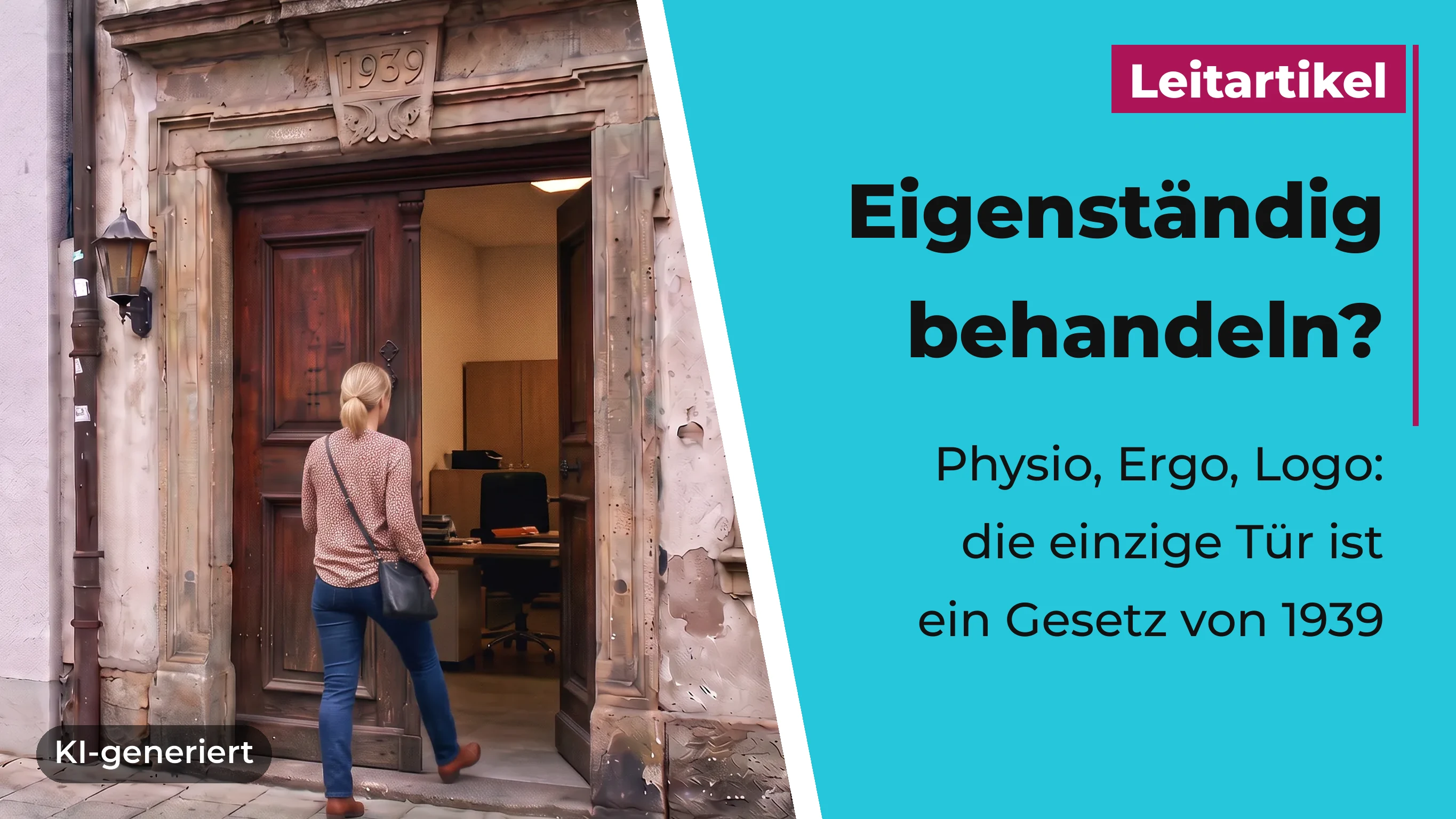 Frau mit Handtasche tritt über die Schwelle einer alten Holztür, in deren Sturz die Jahreszahl 1939 eingemeißelt ist; dahinter ein schlichtes Büro mit Schreibtisch und Aktenschrank.