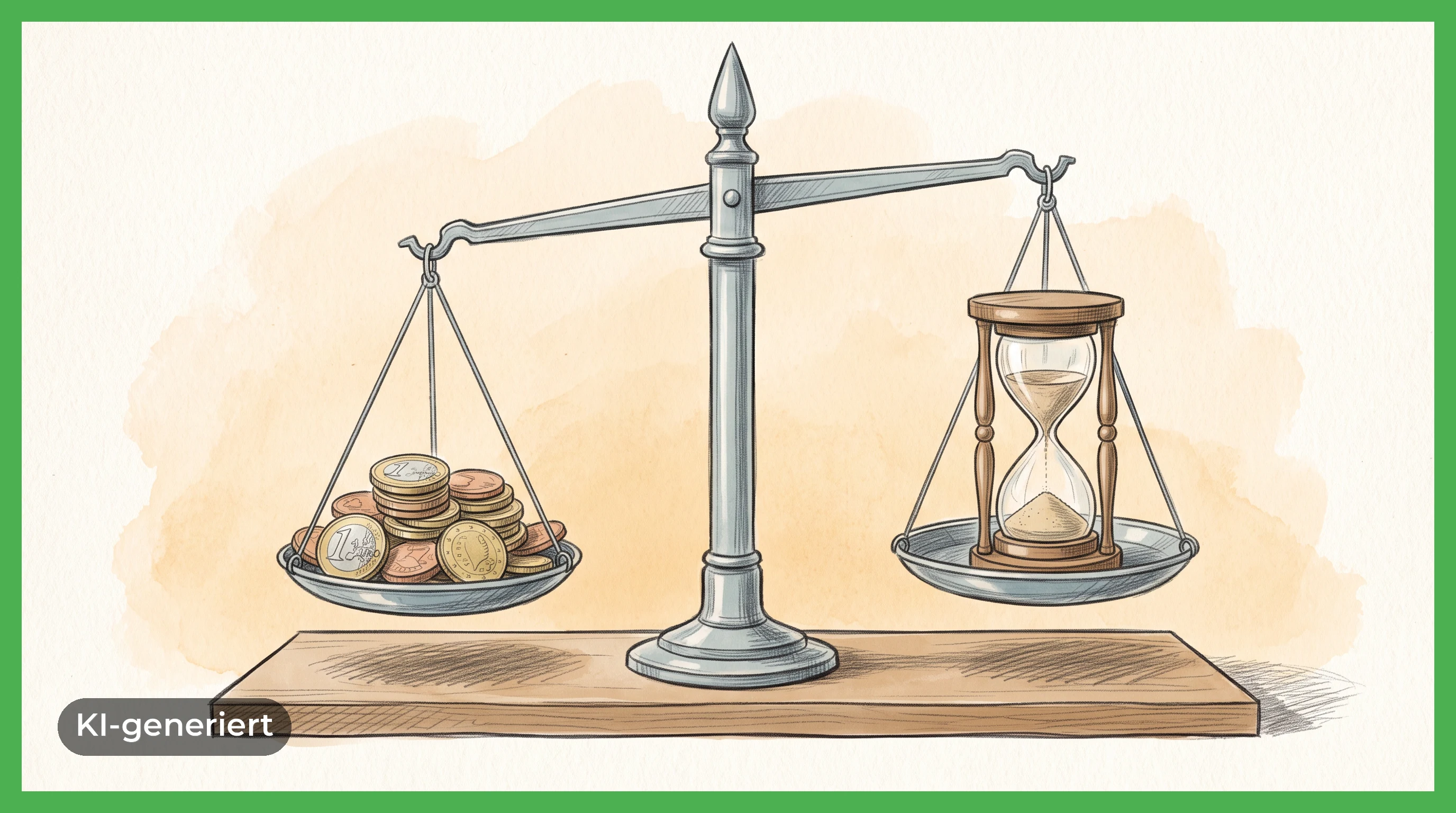 Eine altmodische Balkenwaage aus Holz und Metall: Auf der einen Schale liegen gestapelte Euro-Münzen, auf der anderen eine Sanduhr — Kosten und Zeit im Gleichgewicht.