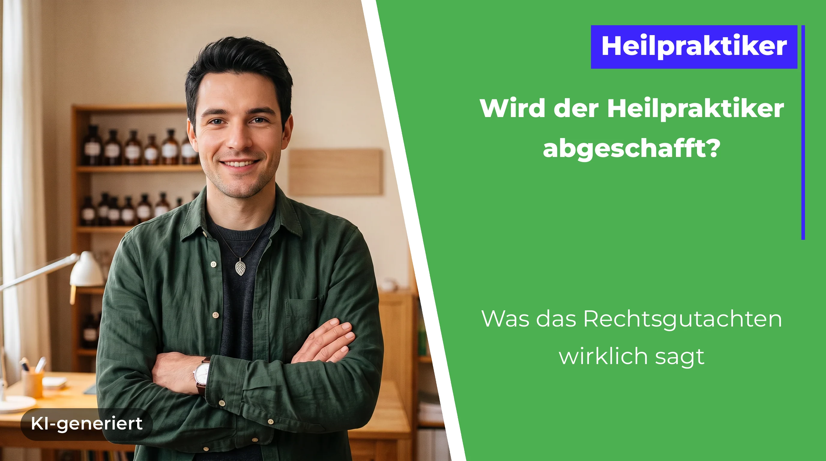 Junger Heilpraktiker mit verschränkten Armen in seiner Praxis – Regale mit Apothekerflaschen und Anatomiemodellen im Hintergrund