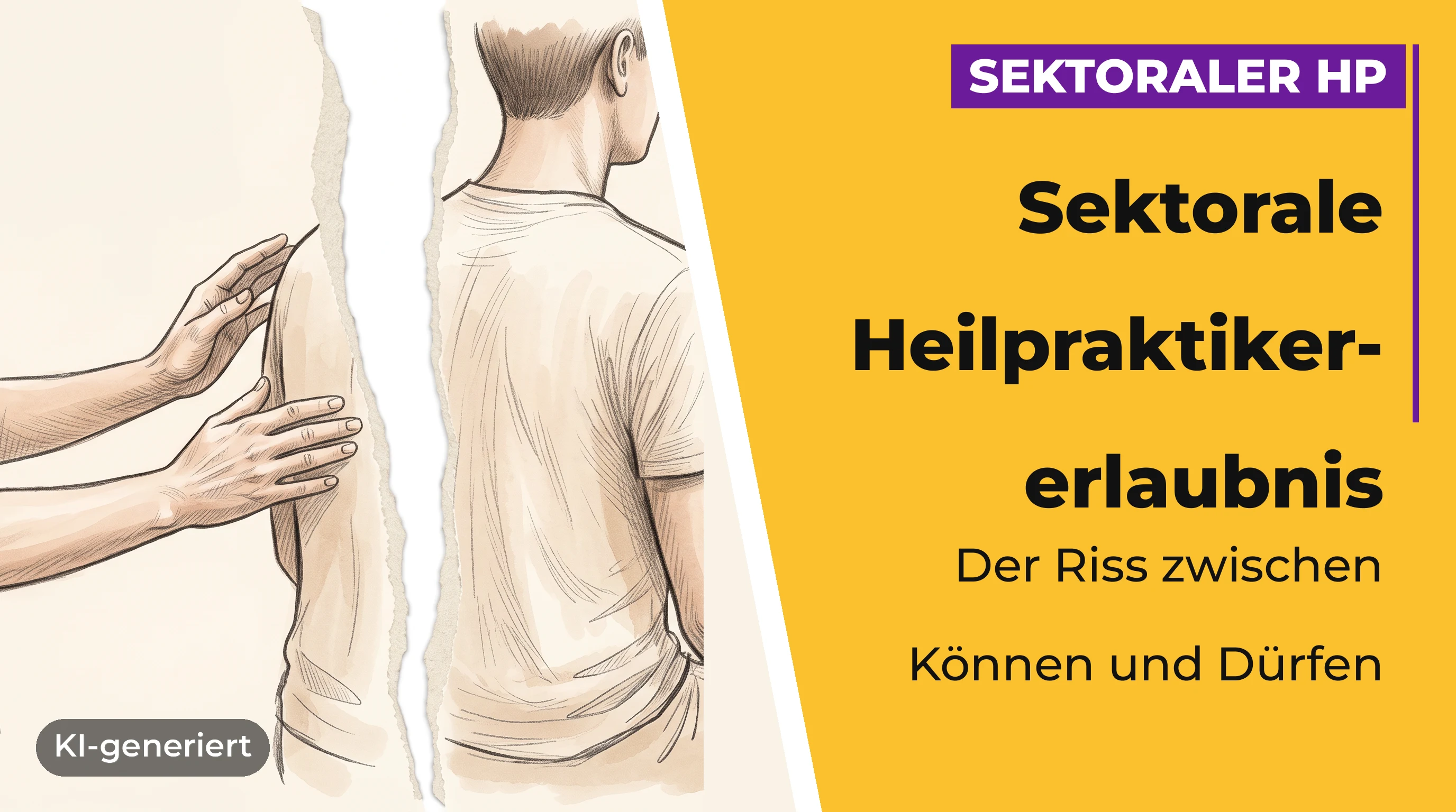 Die Hände einer Physiotherapeutin, ausgestreckt zum Rücken einer sitzenden Patientin — die Szene ist senkrecht durch die Mitte zerrissen wie Papier, der Rücken dadurch unerreichbar.