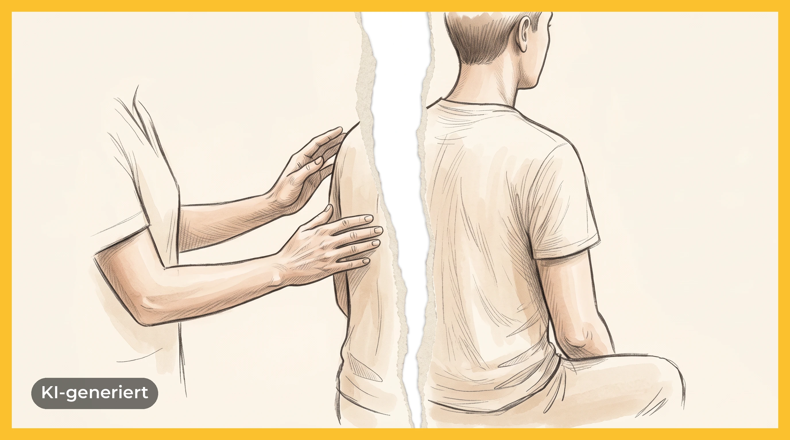 Die Hände einer Physiotherapeutin, ausgestreckt zum Rücken einer sitzenden Patientin — die Szene ist senkrecht durch die Mitte zerrissen wie Papier, der Rücken dadurch unerreichbar.