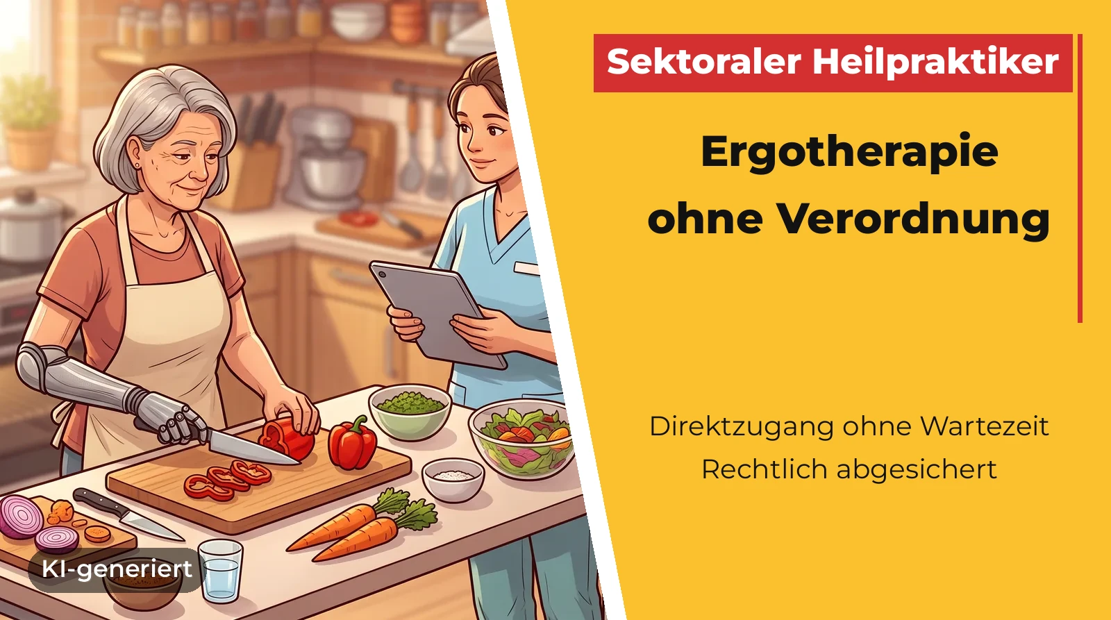 Ältere Frau mit Armprothese schneidet Gemüse, Ergotherapeutin mit Tablet begleitet sie in der Küche.