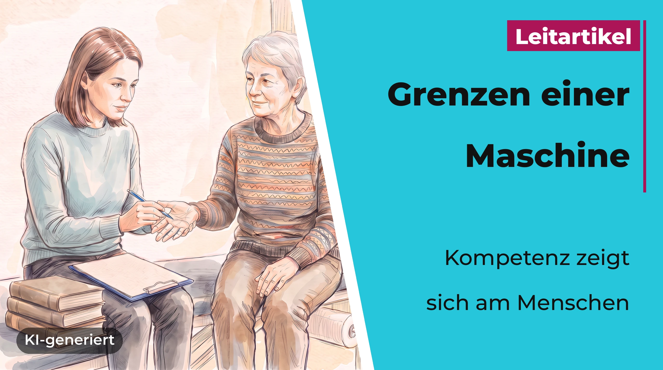 Therapeutin mit Stift in der Hand berührt die offene Hand einer älteren Patientin; daneben auf der Liege drei Bücher.