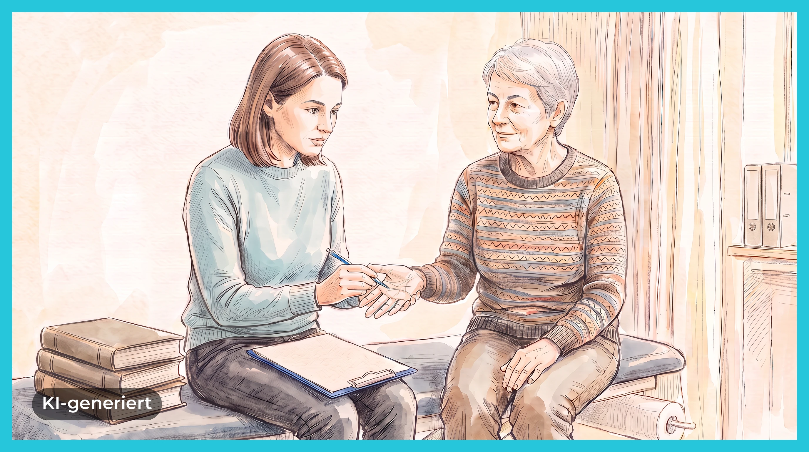 Therapeutin mit Stift in der Hand berührt die offene Hand einer älteren Patientin; daneben auf der Liege drei Bücher.