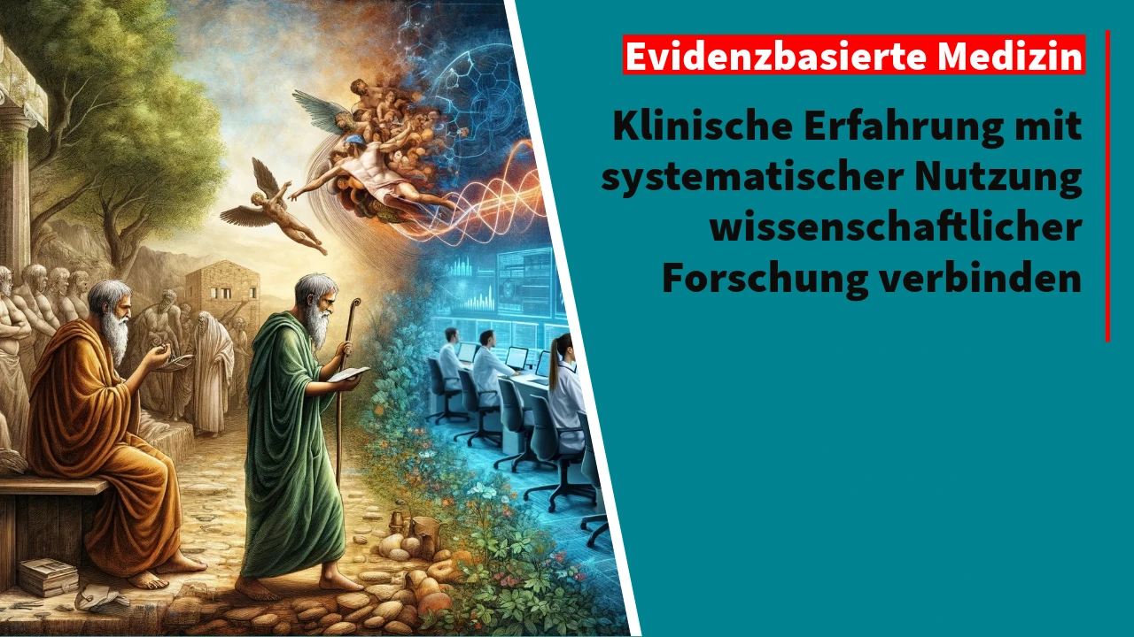 Antike Heiler in einer natürlichen Umgebung auf der linken Seite und moderne Wissenschaftler in einem High-Tech-Labor auf der rechten Seite, verbunden durch eine symbolische Darstellung von Engeln und Wissenschaft