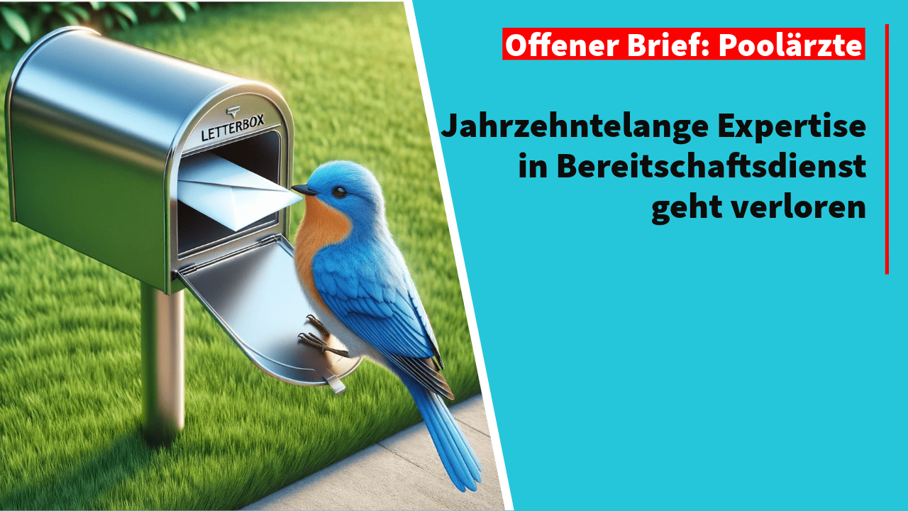 Blauer Singvogel sitzt auf der Klappe eines silbernen Briefkastens und greift einen weißen Umschlag – Sinnbild für eine öffentliche Botschaft an die Entscheider
