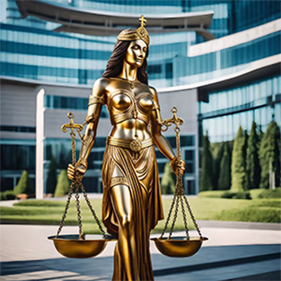 Justitia mit Waage vor Krankenhaus, symbolisiert Befugnisse und Einschränkungen des großen Heilpraktikers