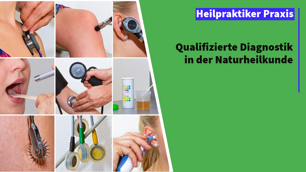 Neun Nahaufnahmen von Untersuchungen: Abhören, Reflexhammer, Ohrenspiegel, Zungenspatel, Blutdruckmessung, Urinteststreifen, Sensibilitätsprüfung und EKG-Elektroden – handwerkliches Fundament jeder Behandlung