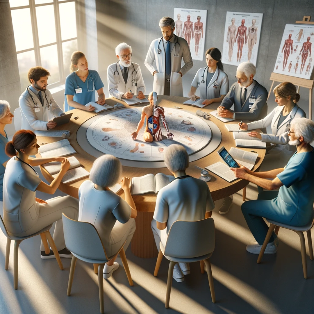 Interprofessionelles Team diskutiert medizinische Fallbeispiele zur Verbesserung der berufsspezifischen Kompetenzen und Patientenversorgung.