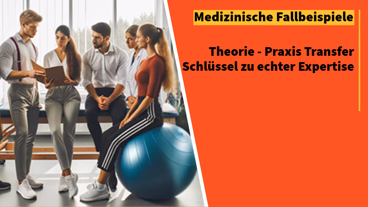 Fünf junge Therapeutinnen und Therapeuten besprechen einen Fall im hellen Behandlungsraum, einer hält eine Mappe, eine sitzt auf einem blauen Gymnastikball