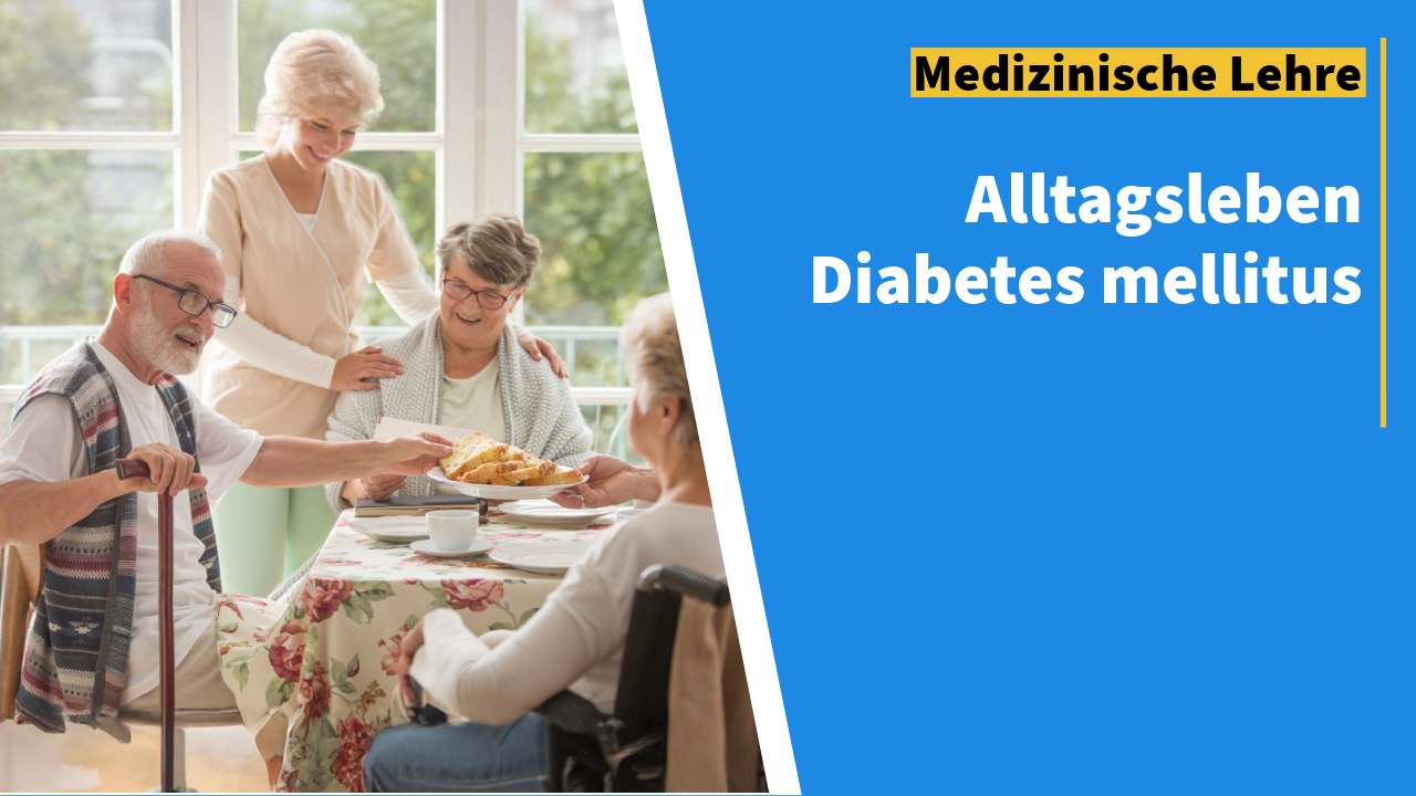 Ältere Menschen mit Diabetes sitzen gemeinsam an einem Tisch, während eine Pflegekraft Unterstützung bietet. Die Szene symbolisiert den Alltag von Menschen mit Diabetes, die soziale Unterstützung und medizinische Versorgung benötigen.
