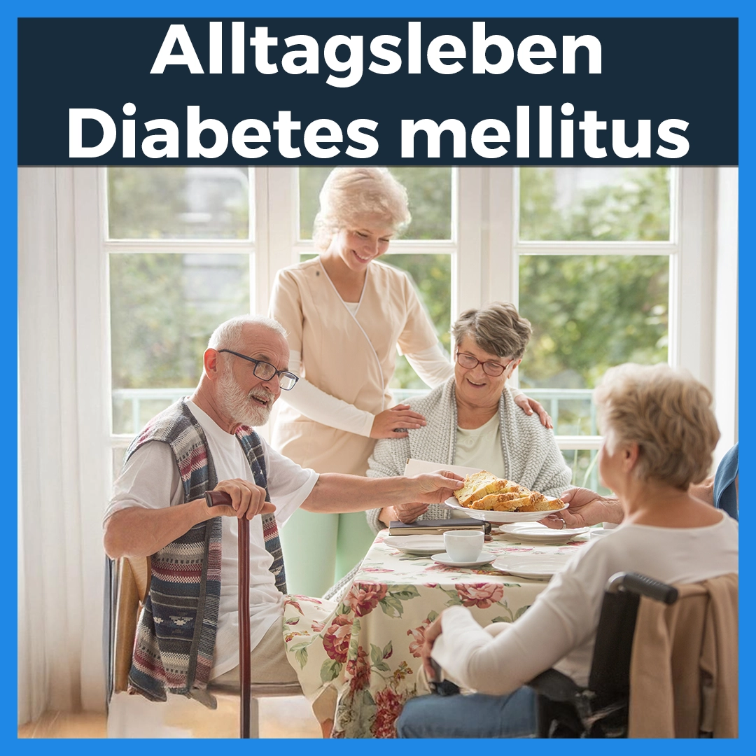 Ältere Menschen mit Diabetes sitzen gemeinsam an einem Tisch, während eine Pflegekraft Unterstützung bietet. Die Szene symbolisiert den Alltag von Menschen mit Diabetes, die soziale Unterstützung und medizinische Versorgung benötigen.