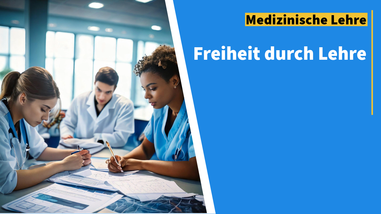 Drei junge Menschen in Kitteln und Kasack beugen sich schreibend über Unterlagen und Diagramme an einem Tisch im hellen Seminarraum