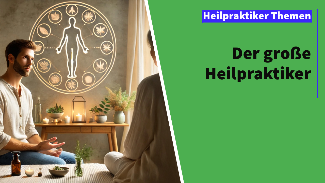 Ein harmonisches Bild eines Heilpraktikers, der in einem natürlichen Behandlungsraum einer Patientin gegenüber sitzt. Der Heilpraktiker spricht ruhig und vertrauensvoll, während die Patientin aufmerksam zuhört. Im Hintergrund befindet sich eine symbolische Darstellung von Heilpflanzen und ein menschliches Schema, das die Verbindung zur Naturheilkunde betont. Sanfte Beleuchtung und natürliche Dekorationen schaffen eine beruhigende und ganzheitliche Atmosphäre.