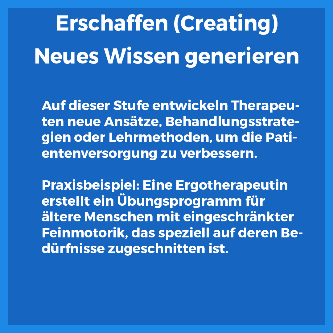 Infografik zur Bloomschen Taxonomie mit Fokus auf die Anwendung in der Physiotherapie und Ergotherapie.