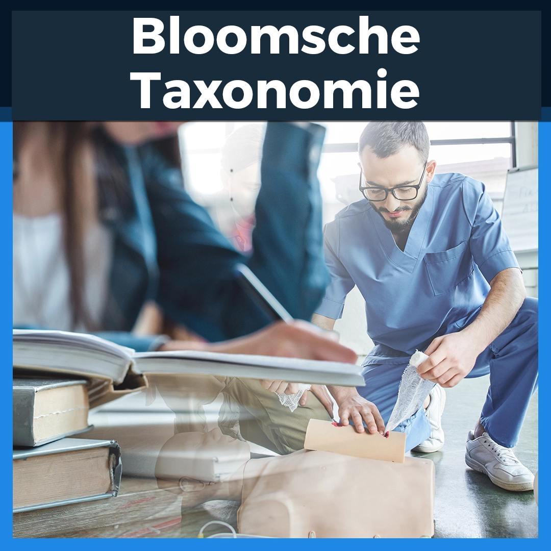Collage zur Bloomschen Taxonomie mit Studierenden beim Lernen und einem medizinischen Fachmann bei einer praktischen Übung