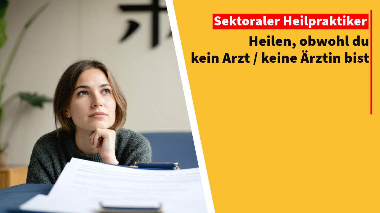 Nachdenkliche Therapeutin mit Unterlagen, daneben der Text „Heilen, obwohl du kein Arzt / keine Ärztin bist“