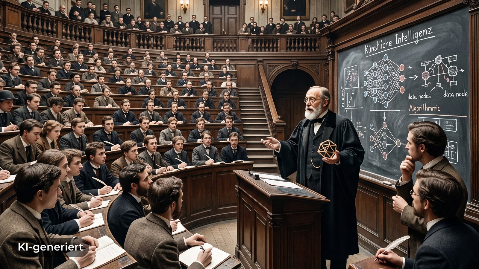Historischer Hörsaal im Stil des 19. Jahrhunderts: Ein Dozent in Talar hält ein geometrisches Modell und lehrt vor vollem Auditorium; auf der Tafel hinter ihm steht der Schriftzug Künstliche Intelligenz mit dem Diagramm eines neuronalen Netzes.