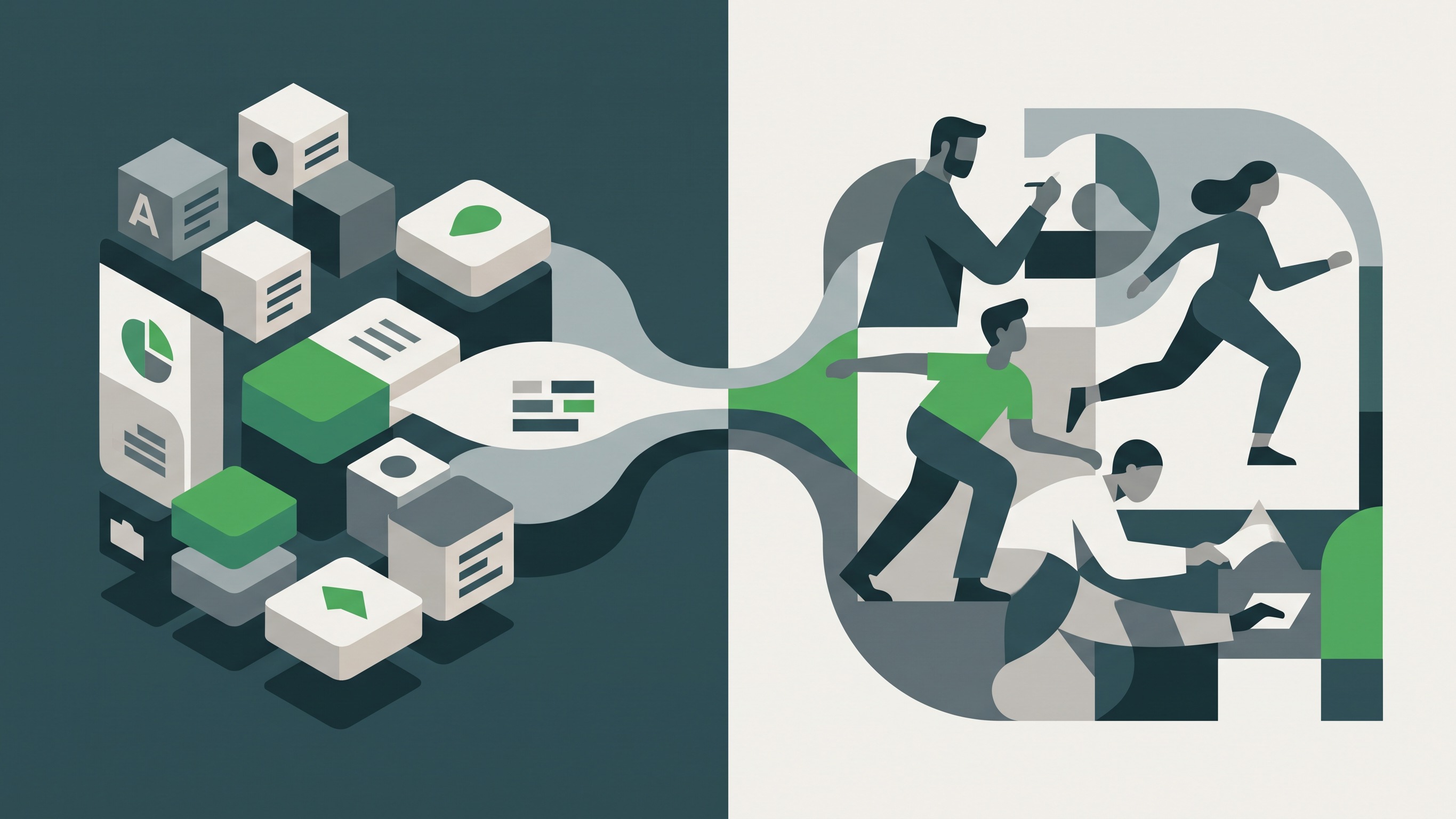 Abstrakte Illustration: modulare Wissens-Bausteine fließen über eine grüne Verbindung in eine Szene handelnder Personen — Symbol für Mikro-Learning, das Raum für Kompetenzentwicklung im Präsenzunterricht schafft.