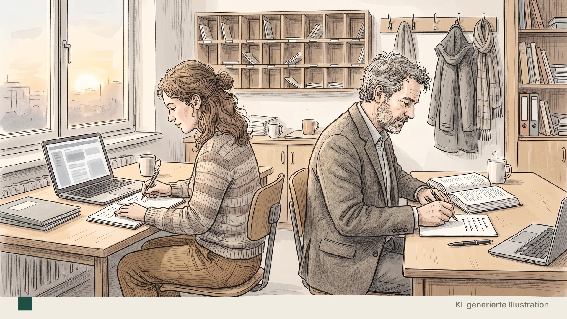 Bleistift-Comic-Illustration eines Lehrerzimmers am frühen Morgen: zwei Lehrkräfte sitzen Rücken an Rücken an zwei Schreibtischen — links eine Frau in den Dreißigern, die von einem offenen Laptop mit unscharfem Chatbildschirm in ihre Notizen schreibt, rechts ein Mann in den Fünfzigern, der aus einem aufgeschlagenen dicken Lehrbuch von Hand schreibt; Fächerregal, Mäntel an Haken, Kaffeetassen, tiefes Sonnenlicht durchs Fenster.