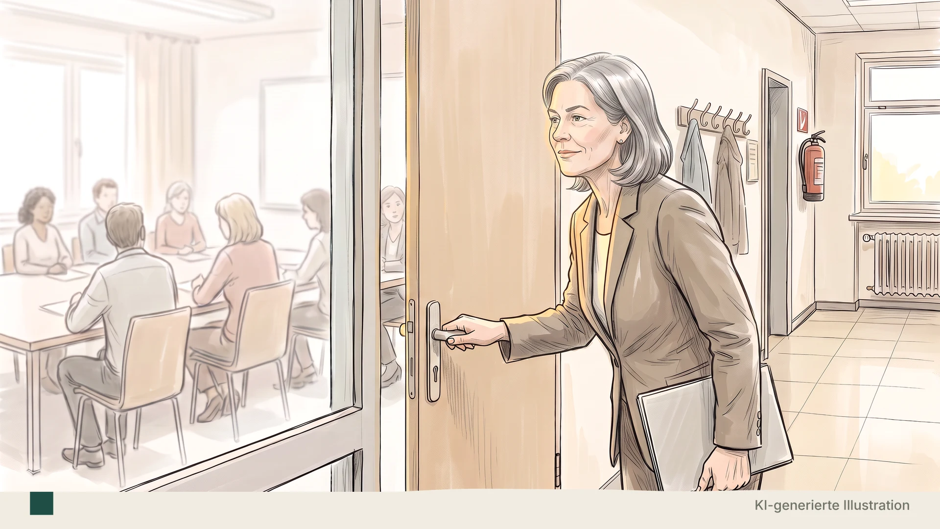 Bleistift-Comic-Illustration eines Schulflurs: Eine Schulleiterin in den Fünfzigern im schlichten Blazer hat die Tür zum Konferenzraum geöffnet und blickt mit gehobenem Kinn und kleinem, festem Lächeln hinein; durch die Öffnung sieht man den Tisch und eine Kollegin, hinter dem Milchglas sitzt das Kollegium unscharf bei der Arbeit. Warmes Licht fällt aus dem Raum auf sie, die Mappe hängt locker in ihrer Hand; Linoleum, Heizkörper, Garderobenhaken, Feuerlöscher.