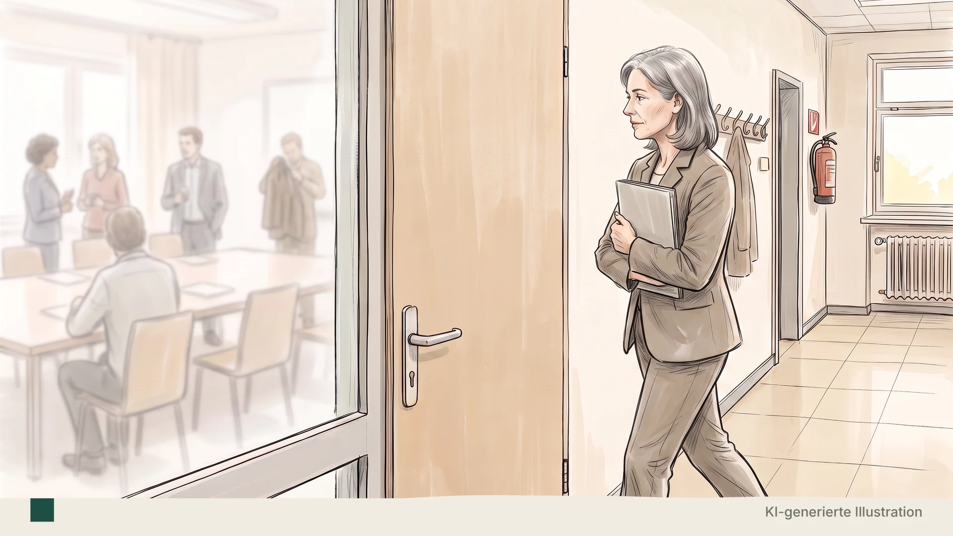 Bleistift-Comic-Illustration eines Schulflurs: Eine Schulleiterin in den Fünfzigern im schlichten Blazer kommt den Flur entlang auf die geschlossene Tür des Konferenzraums zu, eine schmale Mappe an die Brust gedrückt, Blick gesammelt auf die Tür; hinter dem hohen Milchglas neben der Tür steht das Kollegium noch unscharf in kleinen Gruppen im Gespräch, einer hängt die Jacke auf; Linoleum, Heizkörper, Garderobenhaken, Feuerlöscher, Tageslicht.