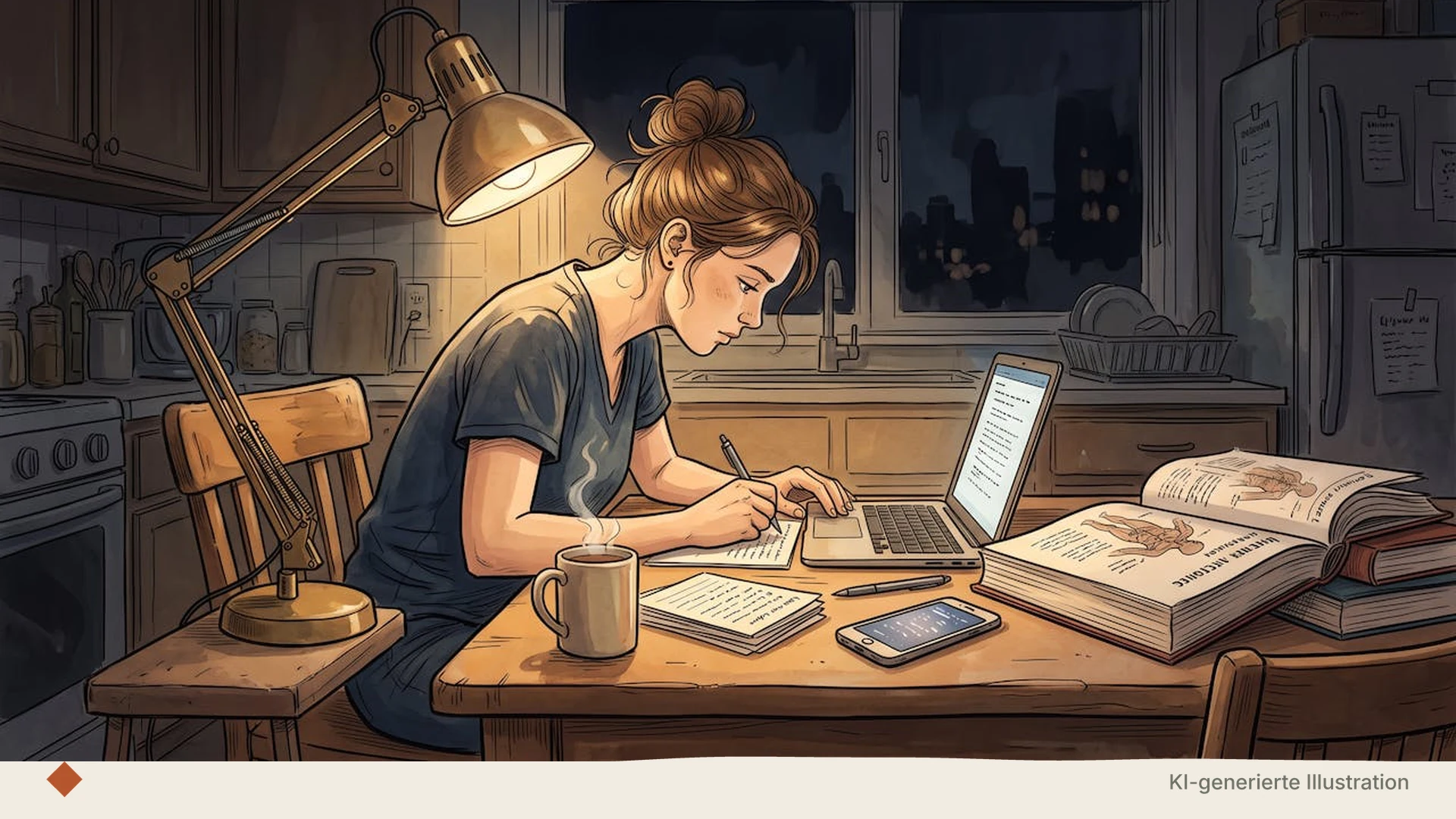 Bleistift-Comic-Illustration: eine Pflegeschülerin sitzt abends allein am Küchentisch und überträgt eine Antwort vom Laptop-Bildschirm handschriftlich auf ihre Karteikarten; Schreibtischlampe, Kaffeetasse, aufgeschlagenes Anatomiebuch, dunkles Fenster.