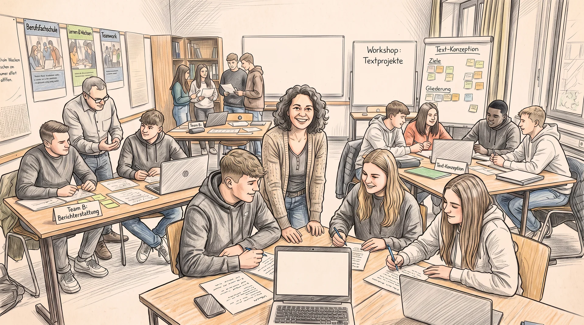 Bleistift-Comic-Illustration eines Seminarraums an einer Berufsfachschule: eine lächelnde Dozentin steht an einem Gruppentisch, ein Dozent berät links eine zweite Gruppe, Lernende arbeiten in Teams an Laptops und Textentwürfen; Whiteboards zeigen Workshop Textprojekte und Text-Konzeption.